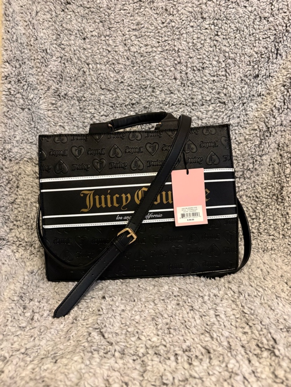 Juicy Couture Black Satchel with Gold Logo Stripe
